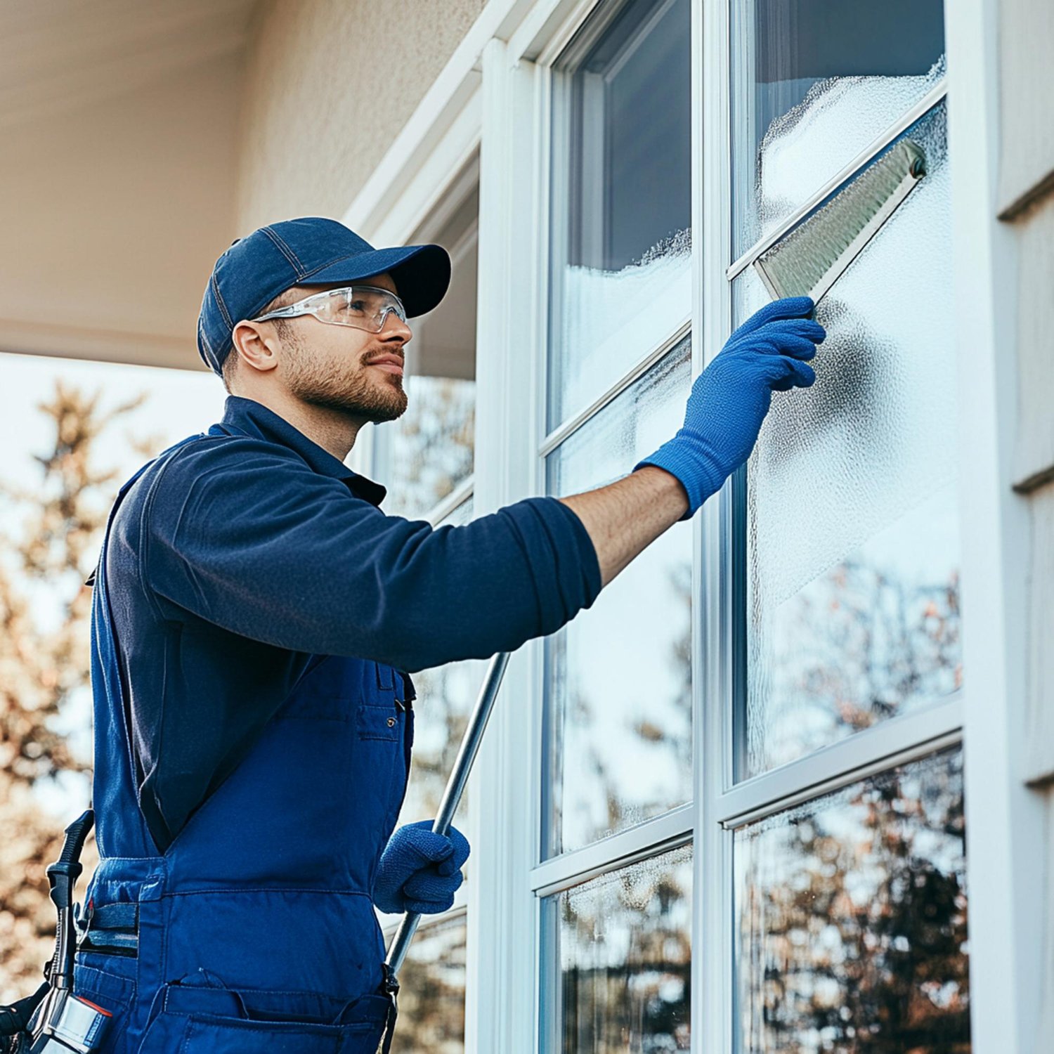 Kayson Lueck owner of Desert Window Services cleaning windows on a Las Vegas home
